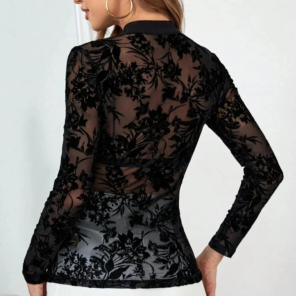 Black Preppy Womens Mandarin Collar Mesh Top - Picture 5 of 5